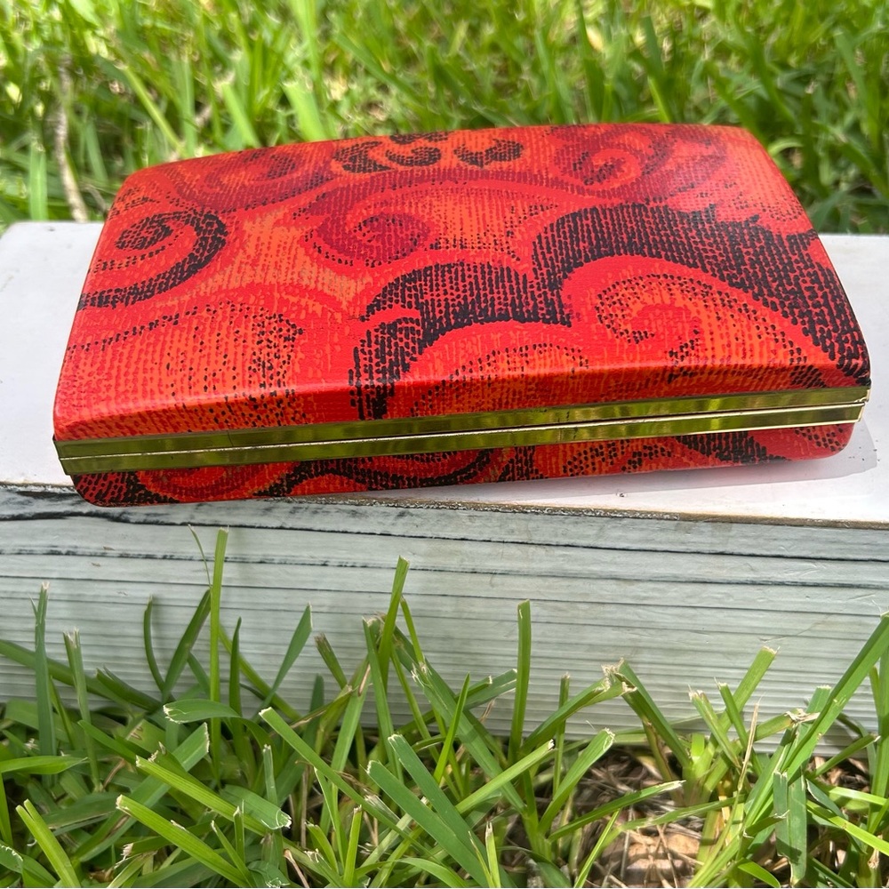 Vintage Mele Red and Black Swirl Patterned earring Jewelry Case